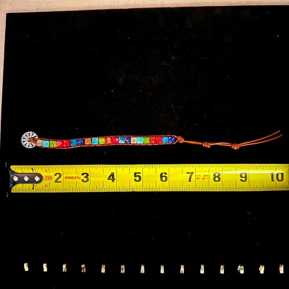 Boho leather wrap square stone rainbow colored bead bracelet flower clasp - Picture 4 of 7